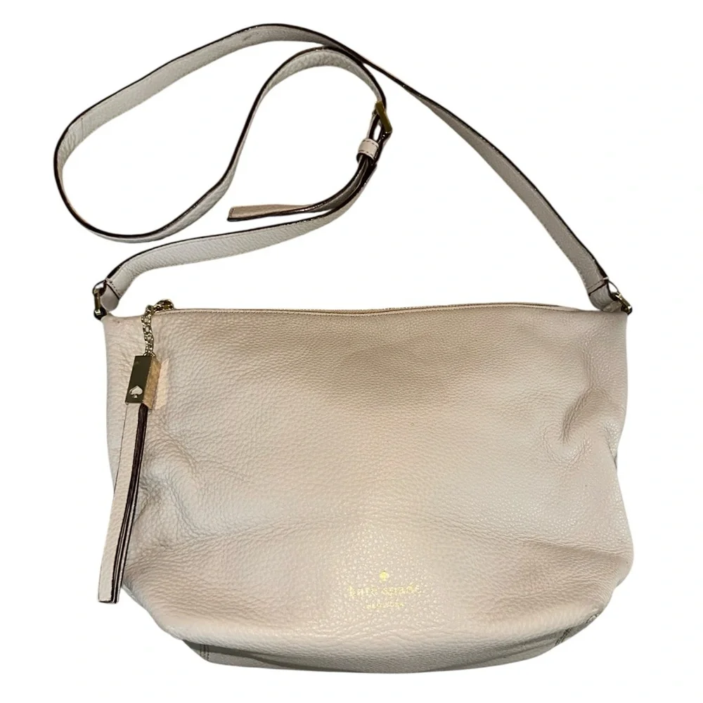 Kate Spade New York Hobo Bag Beige Pebbled Leather Crossbody